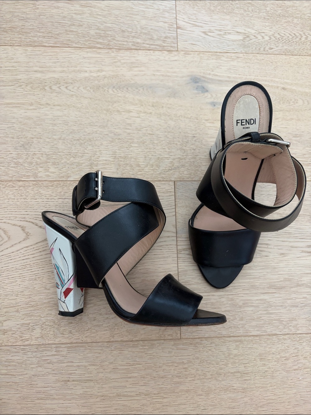 Fendi Black Leather Block Strap Heeled Sandals